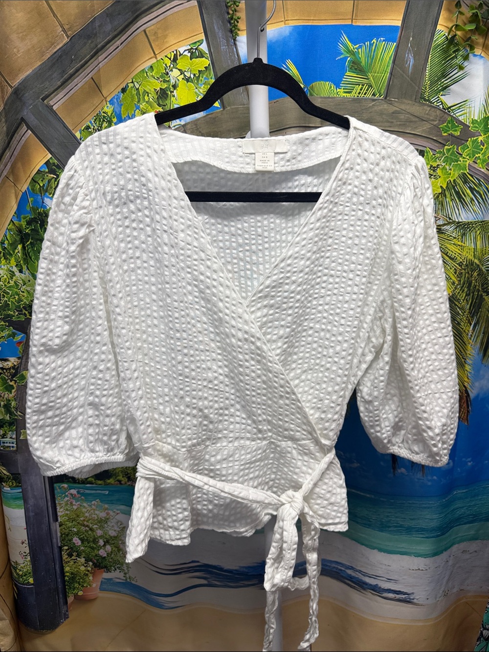 H&M Crinkle Cotton Gauze White Faux Wrap Blouse with Tie Waist